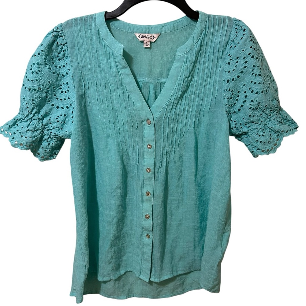 NANETTE LEPORE aqua button front loose fit eyelet puffy short sleeve top sz L - Picture 2 of 6